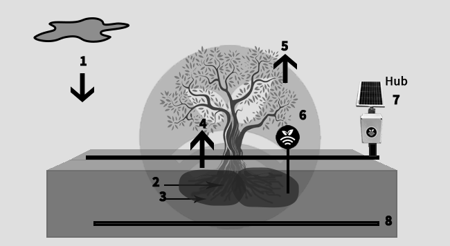 Esquema de riego por goteo con sensores y sondas de humedad